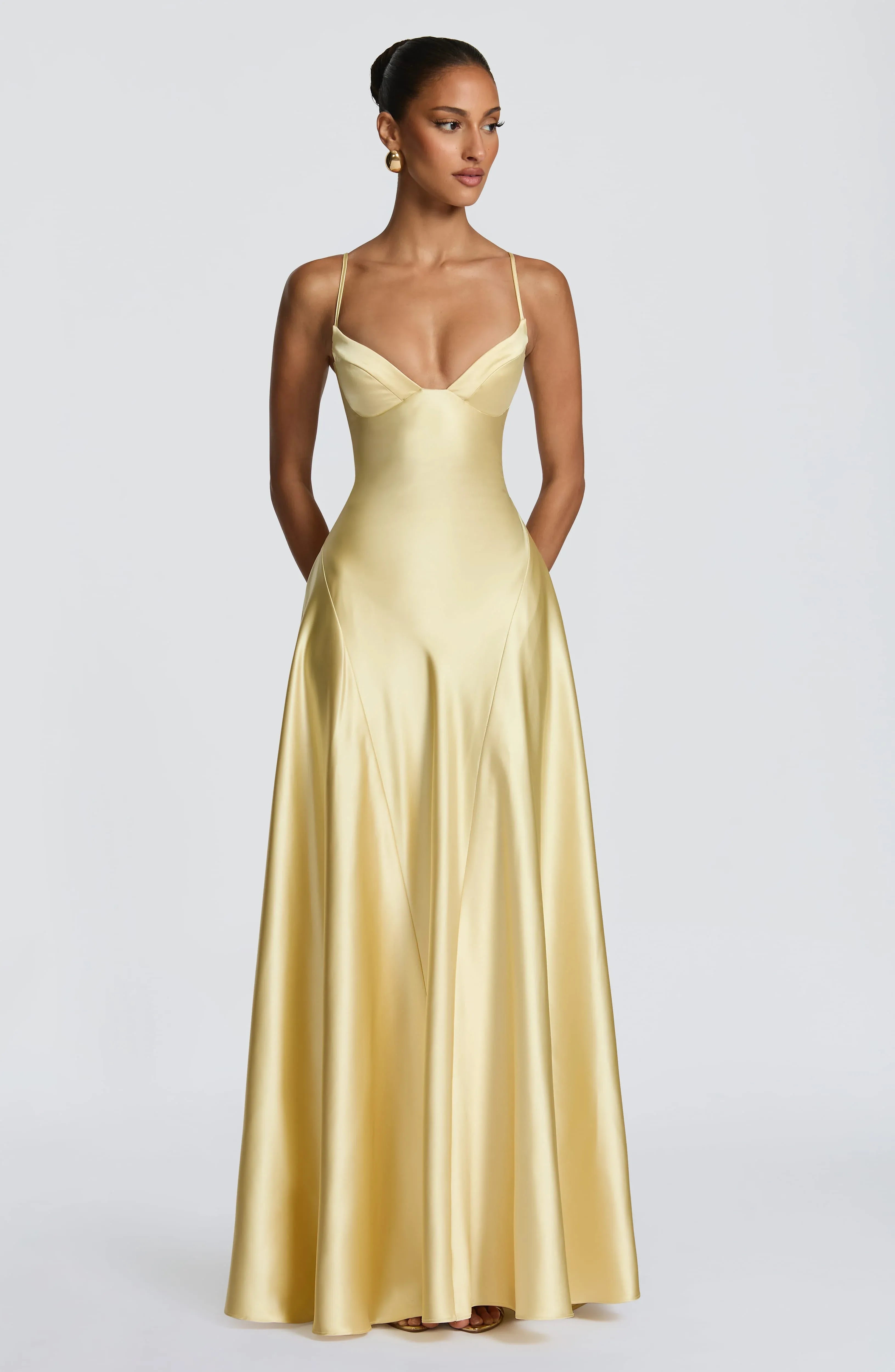 Thin Strap V Neck Flowy A Line Pale Yellow Satin Maxi Wedding Guest Dresses