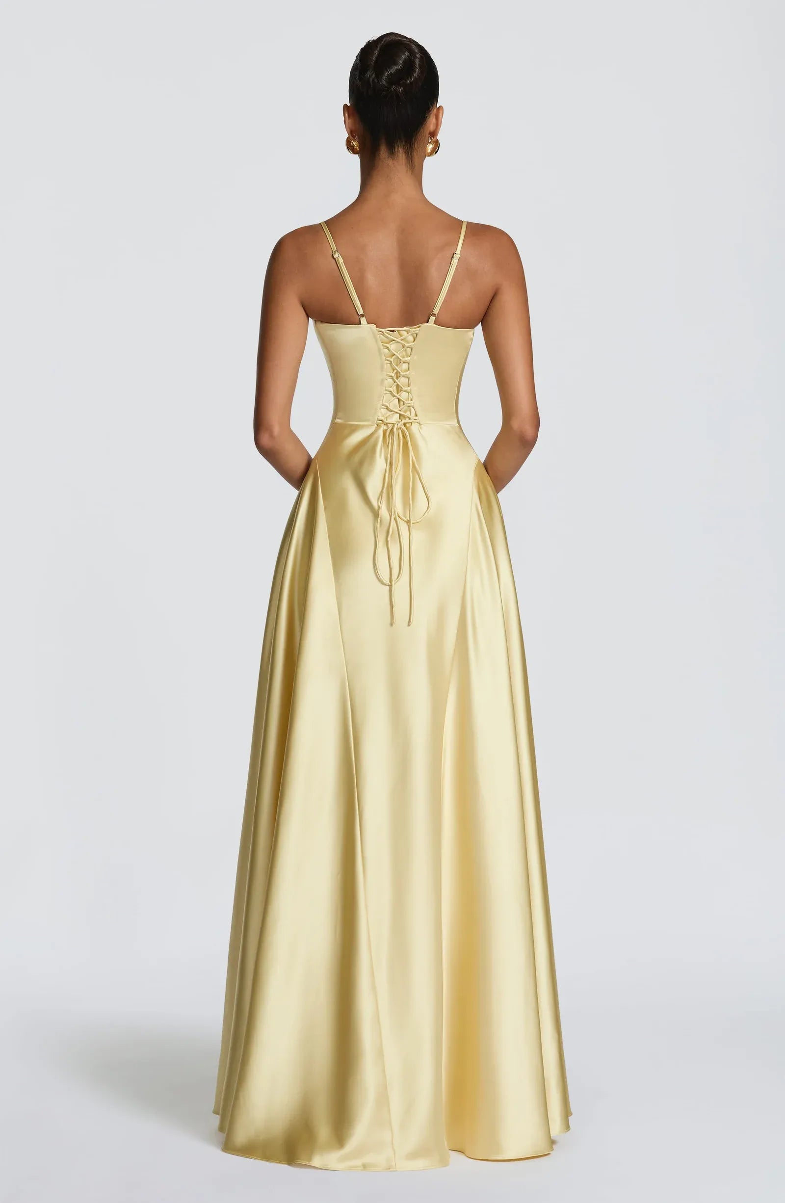 Thin Strap V Neck Flowy A Line Pale Yellow Satin Maxi Wedding Guest Dresses