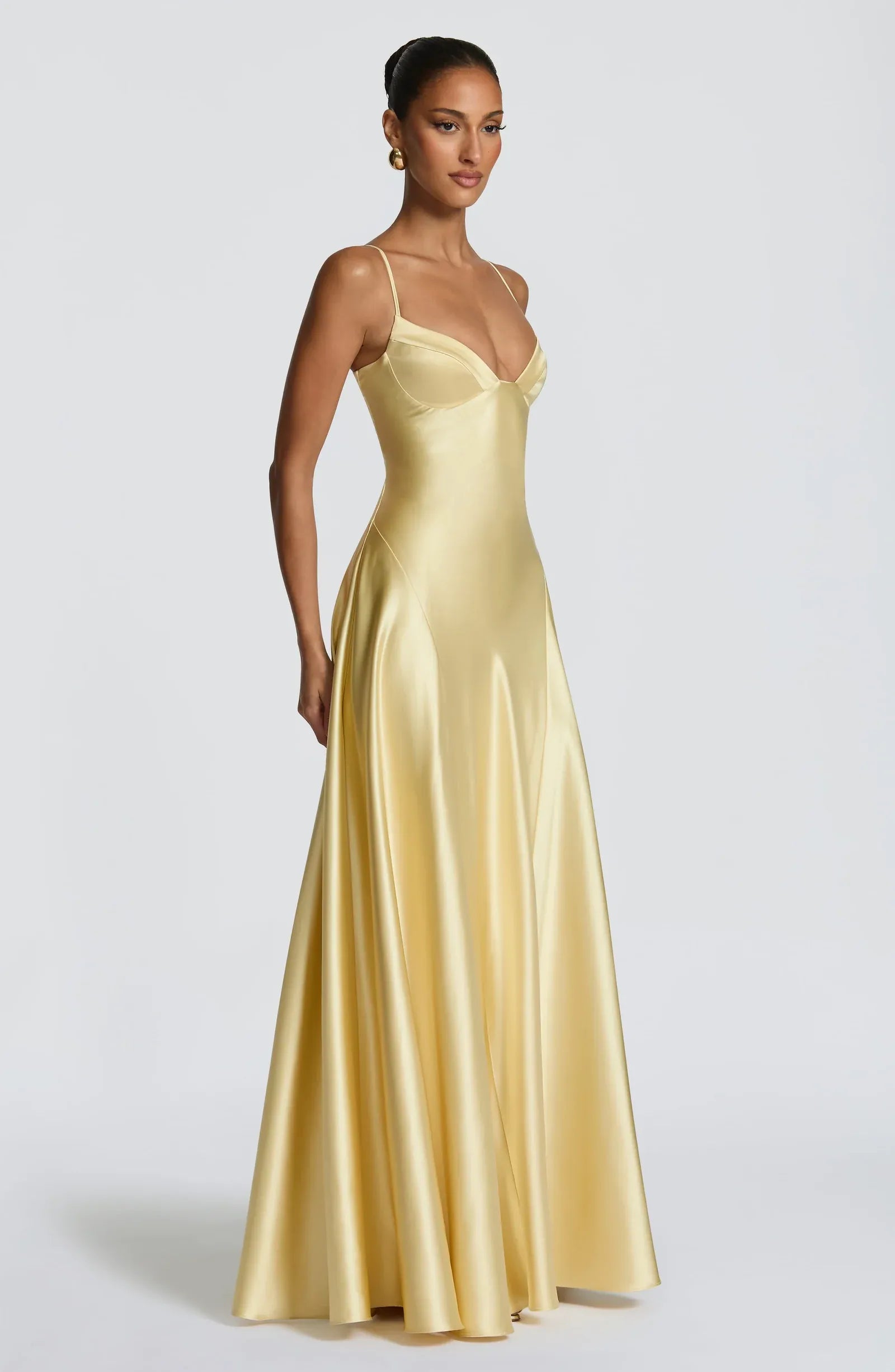 Thin Strap V Neck Flowy A Line Pale Yellow Satin Maxi Wedding Guest Dresses