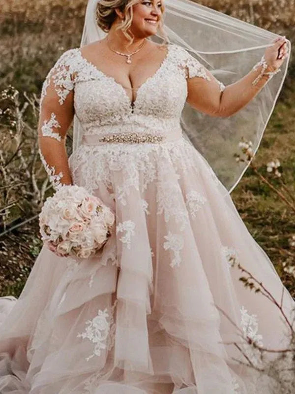 Three Quarter Lace Sleeve V Neck Rhinestone Sash Multi Layer Ruffle Tulle Plus Size Blush Wedding Dress