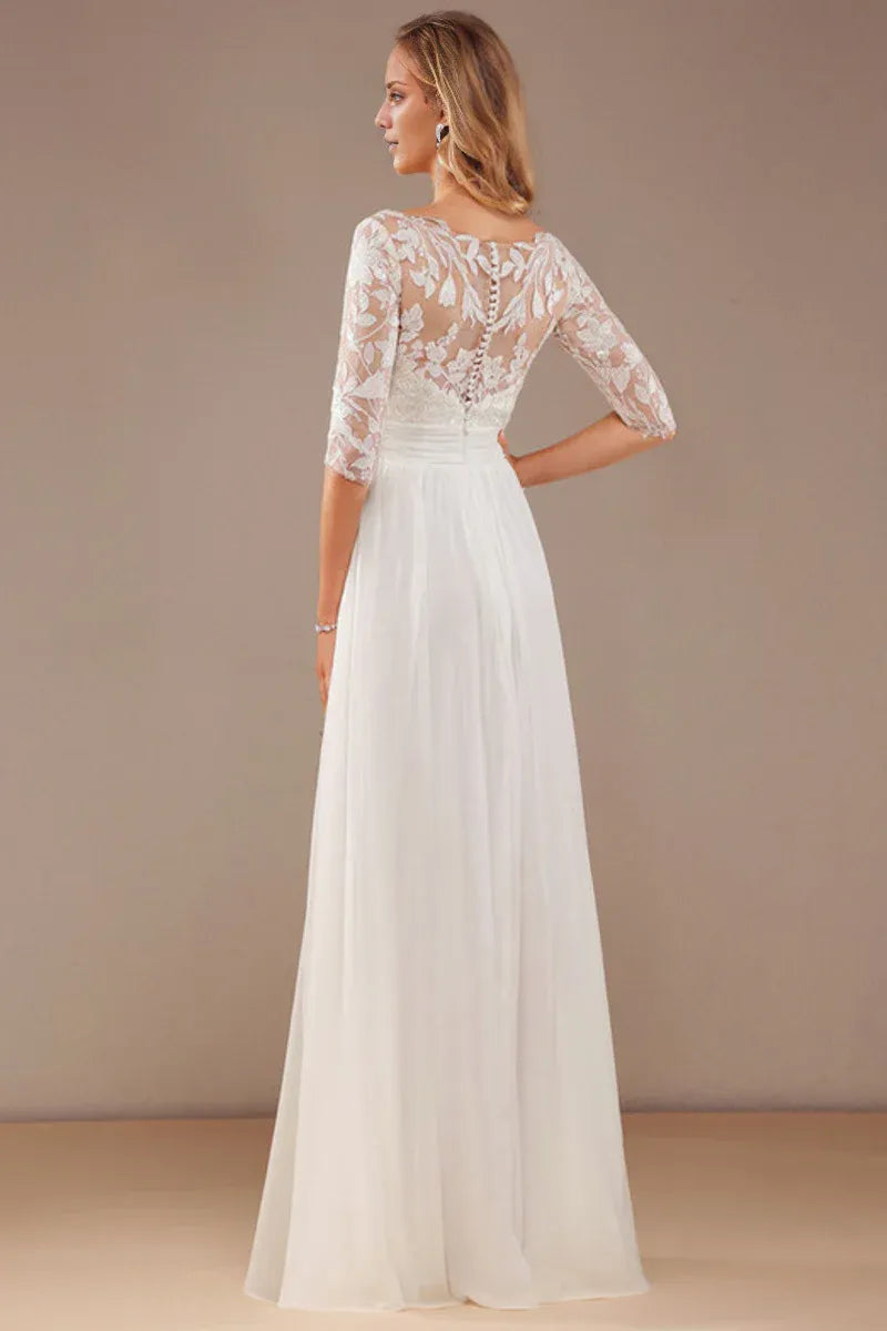 Three‑Quarter‑Sleeve Floral‑Lace Chiffon A‑Line Wedding Dress With V‑Neck & Button‑Back Detail