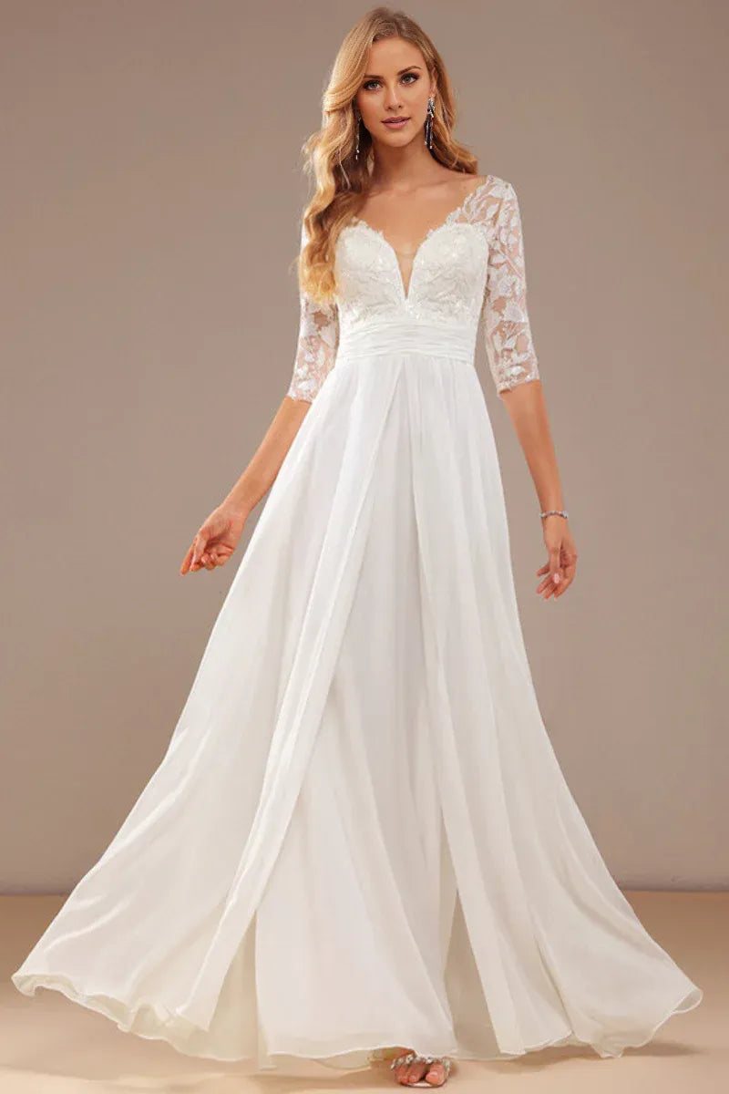 Three‑Quarter‑Sleeve Floral‑Lace Chiffon A‑Line Wedding Dress With V‑Neck & Button‑Back Detail