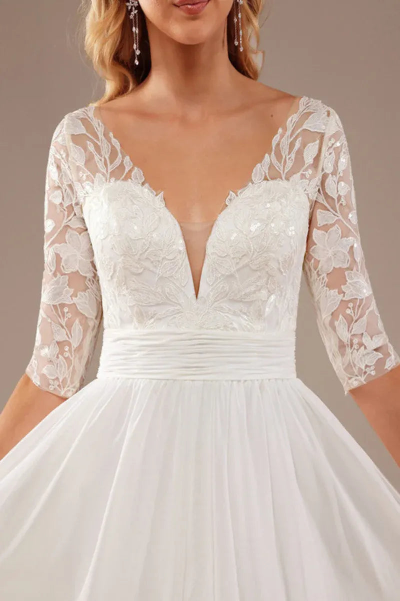 Three‑Quarter‑Sleeve Floral‑Lace Chiffon A‑Line Wedding Dress With V‑Neck & Button‑Back Detail