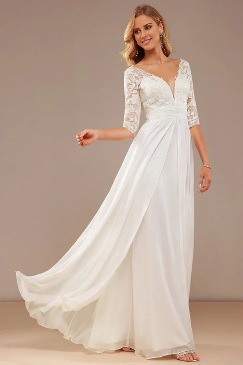 Three‑Quarter‑Sleeve Floral‑Lace Chiffon A‑Line Wedding Dress With V‑Neck & Button‑Back Detail