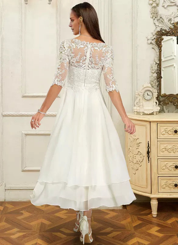 Three‑Quarter‑Sleeve Floral‑Lace High‑Low Satin Wedding Dress With Illusion‑Back Detail