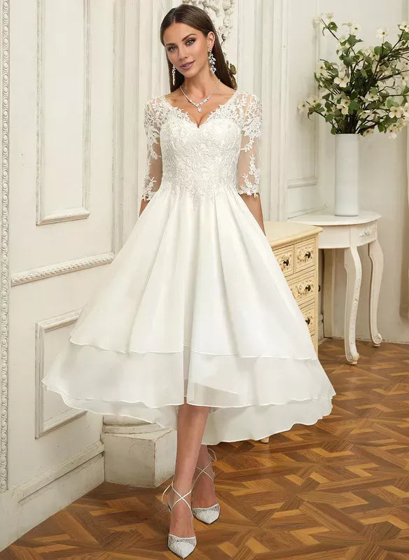 Three‑Quarter‑Sleeve Floral‑Lace High‑Low Satin Wedding Dress With Illusion‑Back Detail