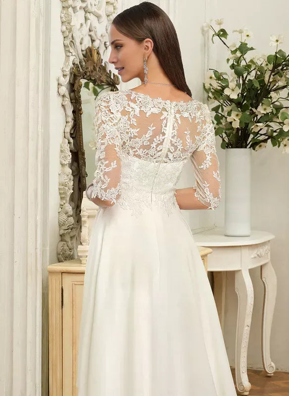Three‑Quarter‑Sleeve Floral‑Lace High‑Low Satin Wedding Dress With Illusion‑Back Detail