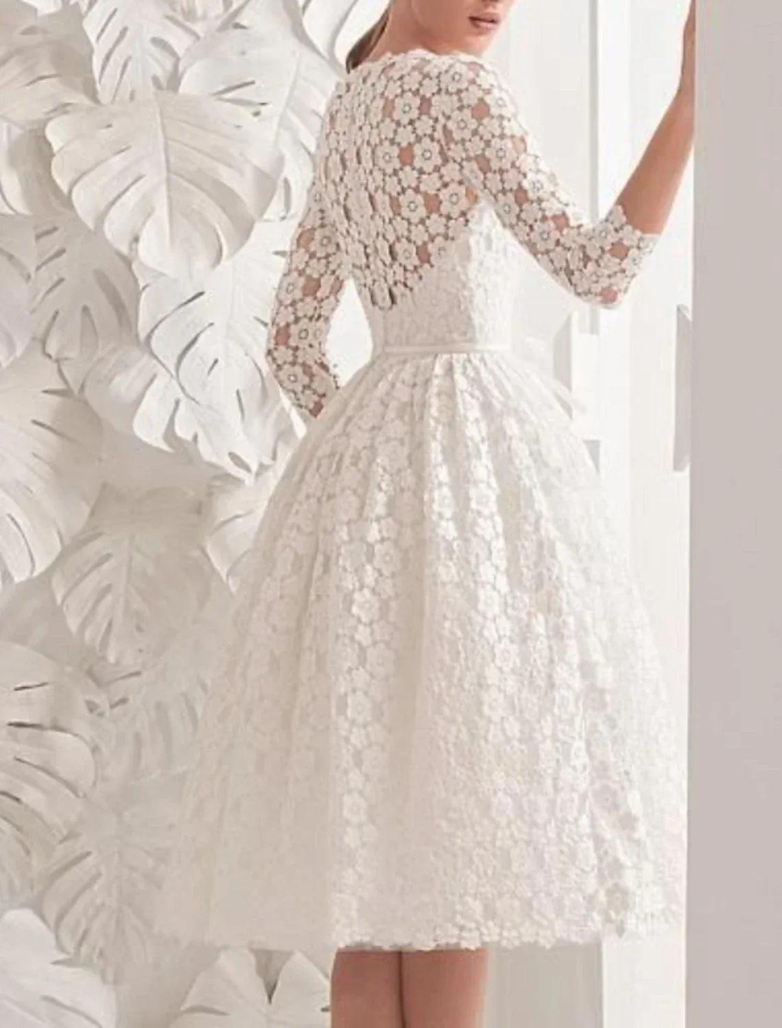 Three‑Quarter‑Sleeve Floral Lace Tea‑Length A‑Line Wedding Dress With Pockets