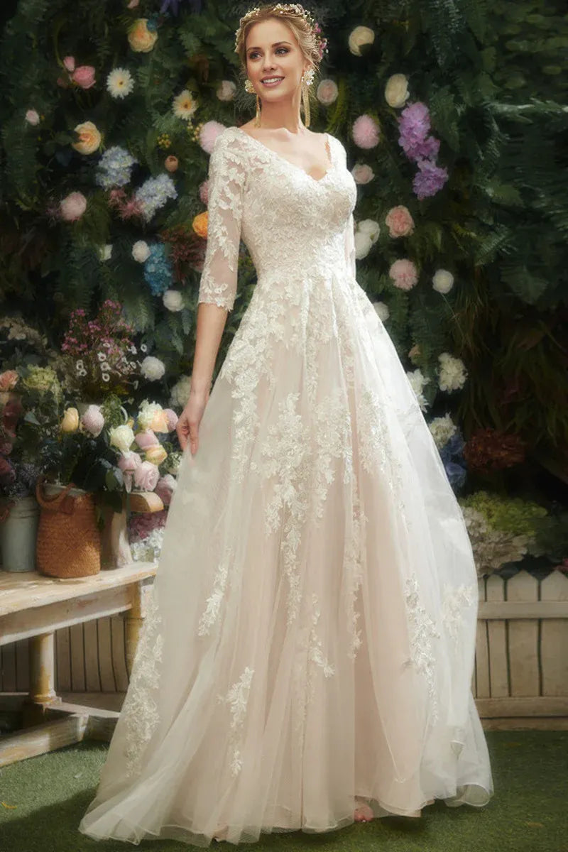 Three‑Quarter‑Sleeve Floral‑Lace Tulle A‑Line Wedding Dress With Deep‑V‑Back Detail