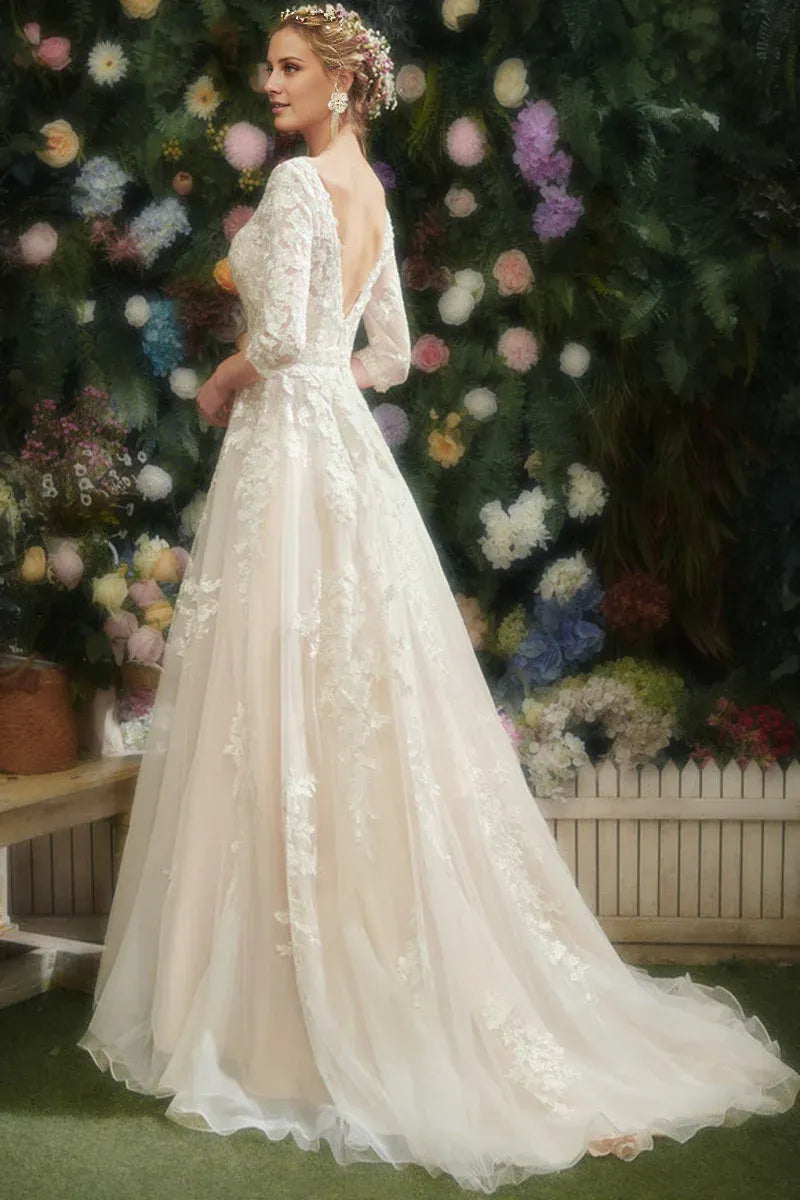 Three‑Quarter‑Sleeve Floral‑Lace Tulle A‑Line Wedding Dress With Deep‑V‑Back Detail