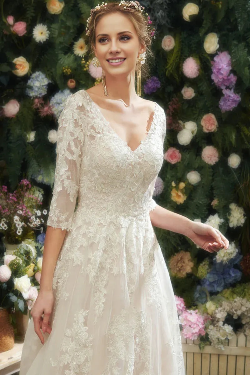 Three‑Quarter‑Sleeve Floral‑Lace Tulle A‑Line Wedding Dress With Deep‑V‑Back Detail