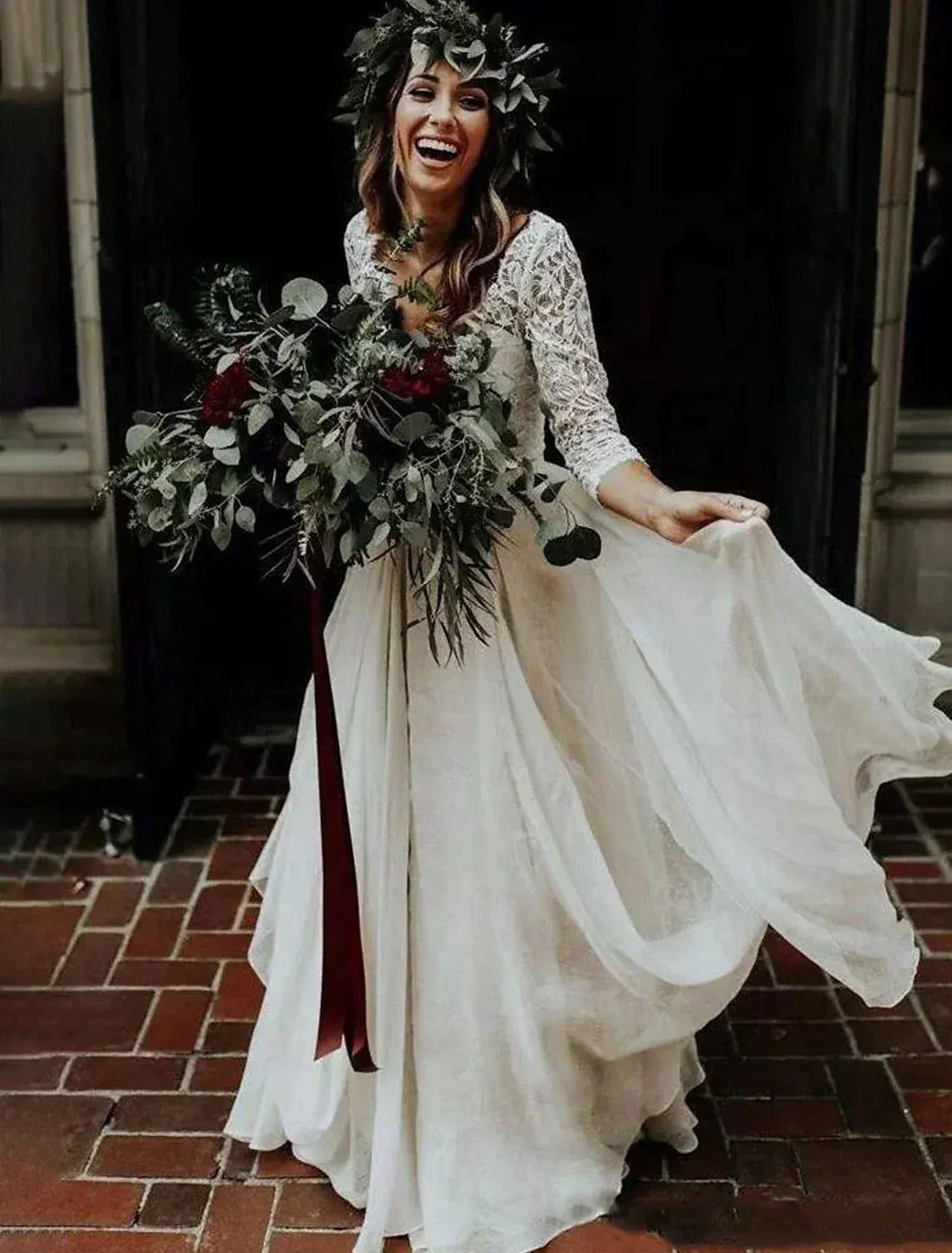 Three‑Quarter‑Sleeve Lace‑Bodice Chiffon A‑Line Wedding Dress With Keyhole‑Button‑Back Detail