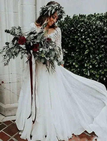 Three‑Quarter‑Sleeve Lace‑Bodice Chiffon A‑Line Wedding Dress With Keyhole‑Button‑Back Detail