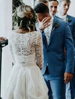 Three‑Quarter‑Sleeve Lace‑Bodice Chiffon A‑Line Wedding Dress With Keyhole‑Button‑Back Detail