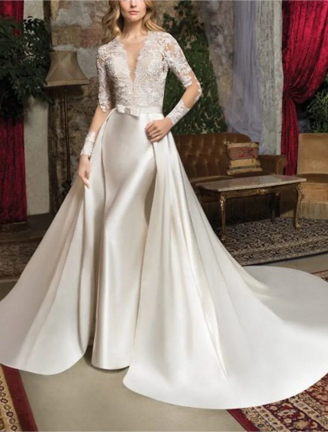 Three‑Quarter‑Sleeve Lace‑Bodice Satin Mermaid Wedding Dress With Detachable Overskirt & Pearl‑Back Detail