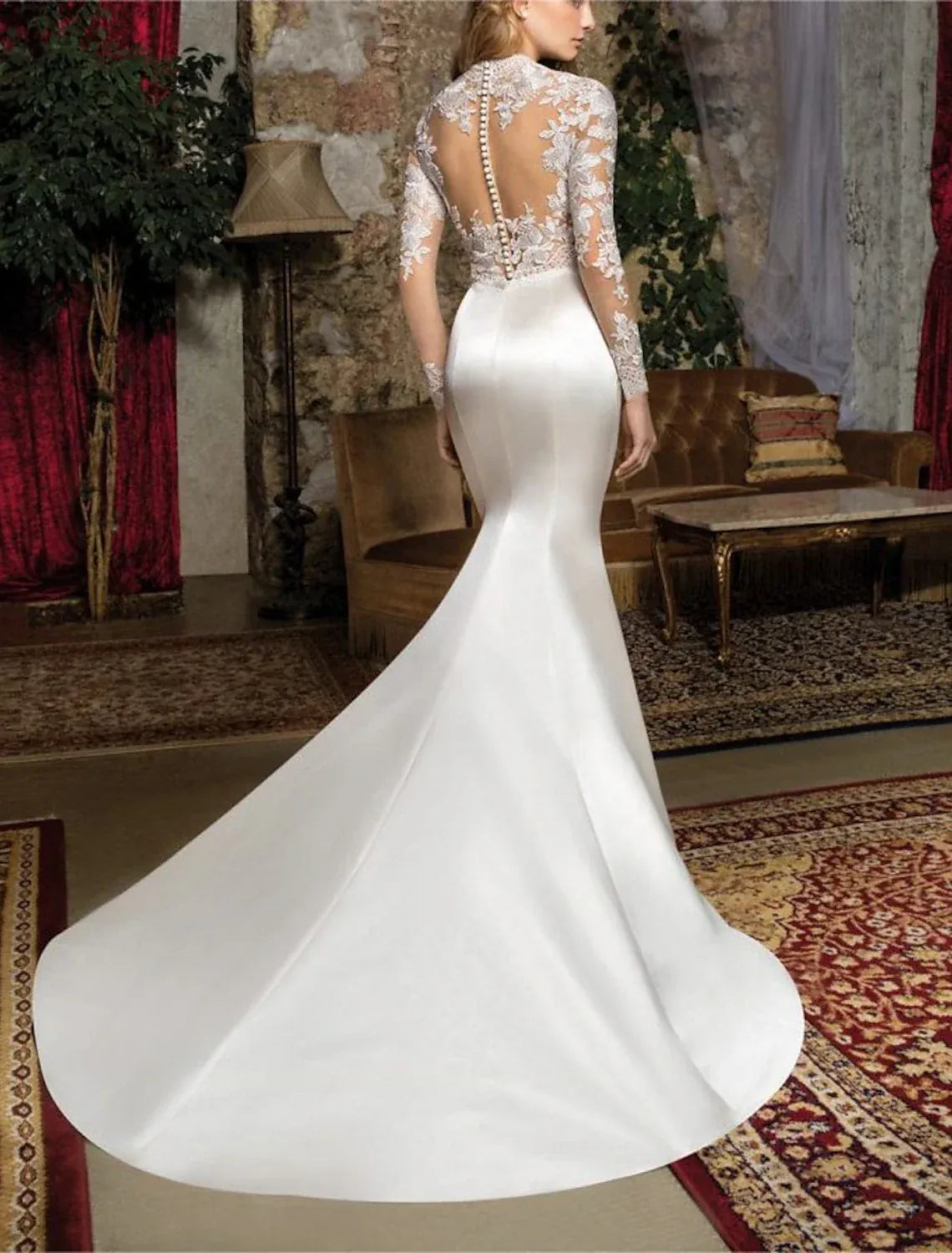 Three‑Quarter‑Sleeve Lace‑Bodice Satin Mermaid Wedding Dress With Detachable Overskirt & Pearl‑Back Detail