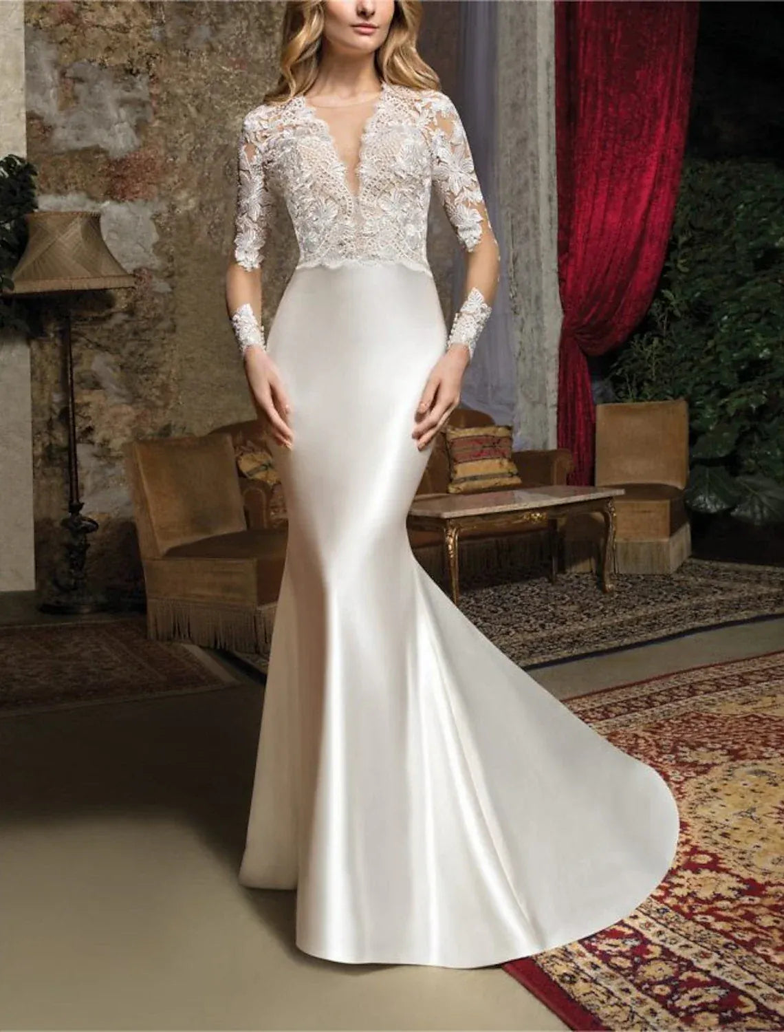 Three‑Quarter‑Sleeve Lace‑Bodice Satin Mermaid Wedding Dress With Detachable Overskirt & Pearl‑Back Detail