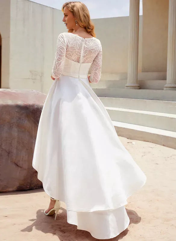 Three‑Quarter‑Sleeve Leaf‑Lace High‑Low Satin A‑Line Wedding Dress With Sheer‑Back Detail