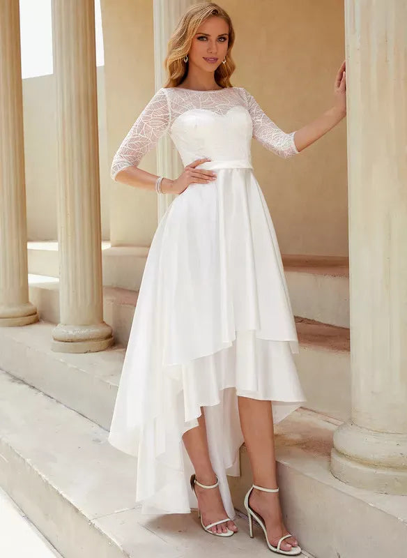 Three‑Quarter‑Sleeve Leaf‑Lace High‑Low Satin A‑Line Wedding Dress With Sheer‑Back Detail