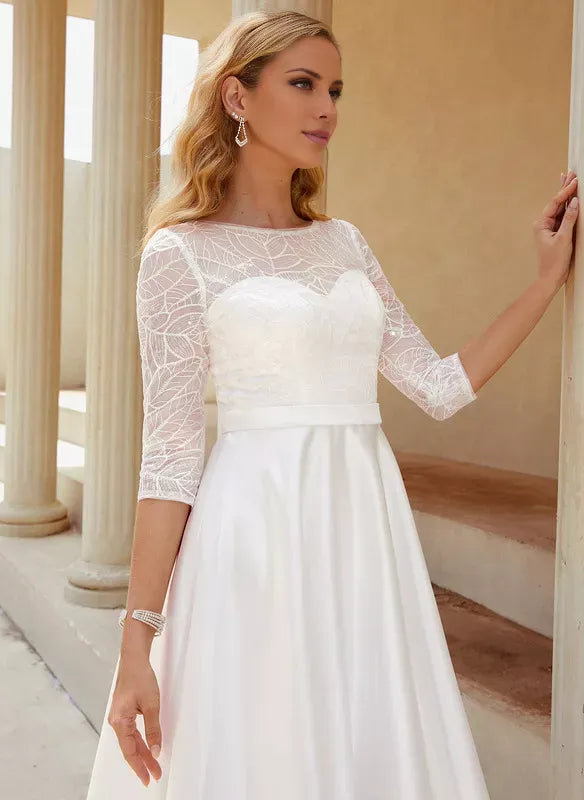 Three‑Quarter‑Sleeve Leaf‑Lace High‑Low Satin A‑Line Wedding Dress With Sheer‑Back Detail