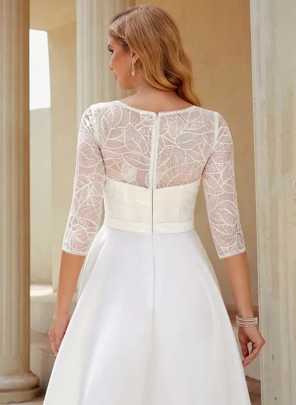 Three‑Quarter‑Sleeve Leaf‑Lace High‑Low Satin A‑Line Wedding Dress With Sheer‑Back Detail