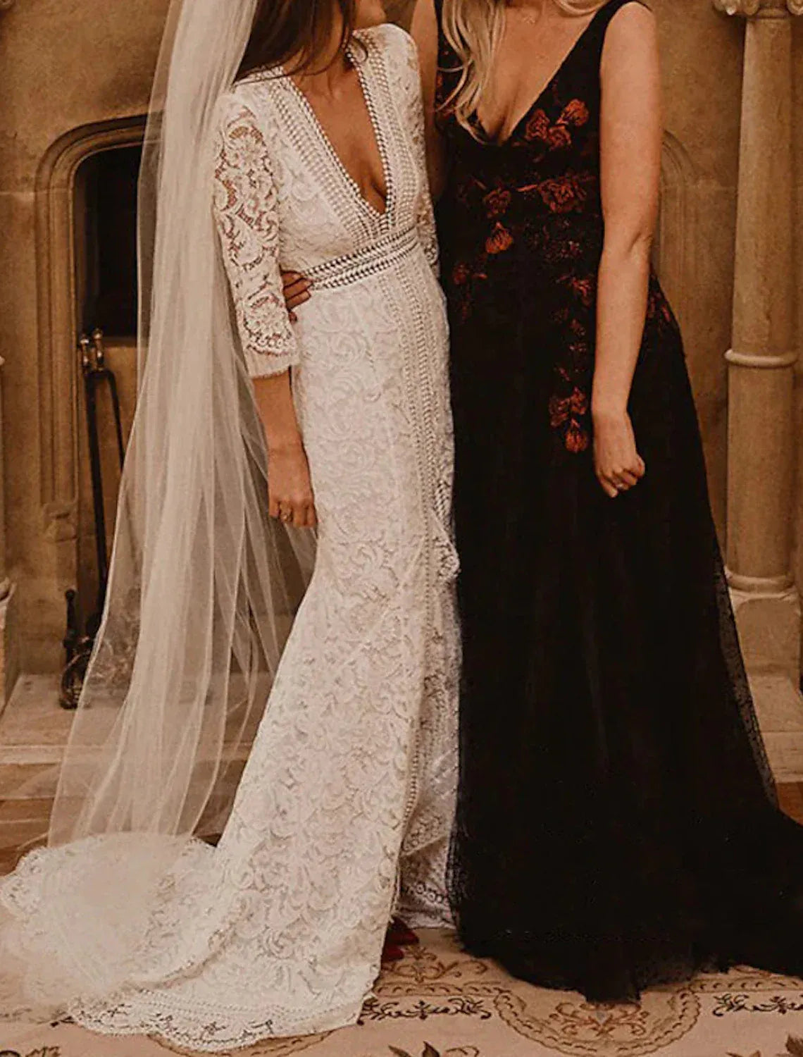 Three‑Quarter‑Sleeve Plunging‑V Crochet‑Lace Mermaid Wedding Dress With High Slit