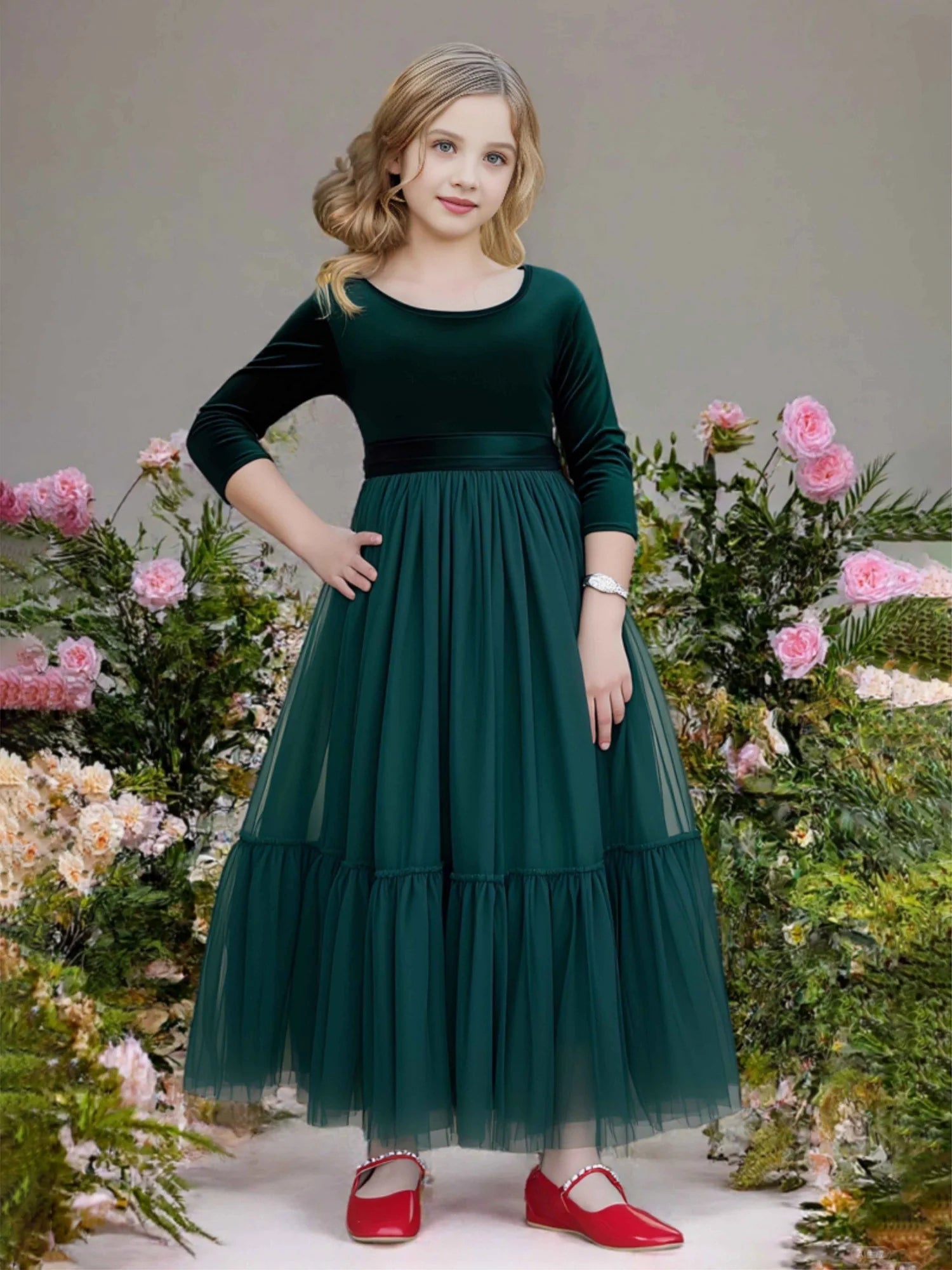 Three Quarter Sleeve Round Solid Back Sash Big Bow Dark Green Velvet Tiered Tulle Midi Flower Girl Dresses