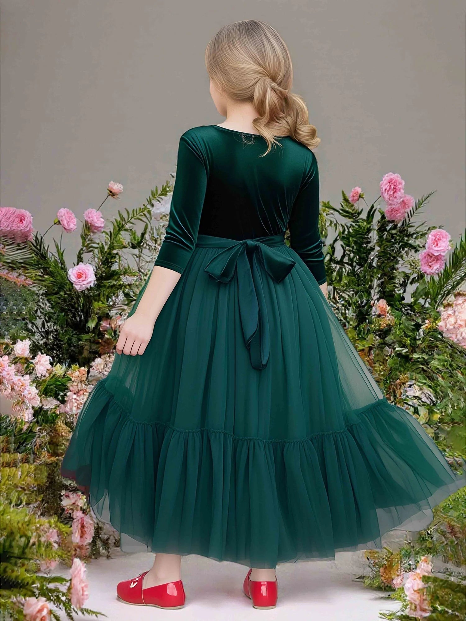 Three Quarter Sleeve Round Solid Back Sash Big Bow Dark Green Velvet Tiered Tulle Midi Flower Girl Dresses