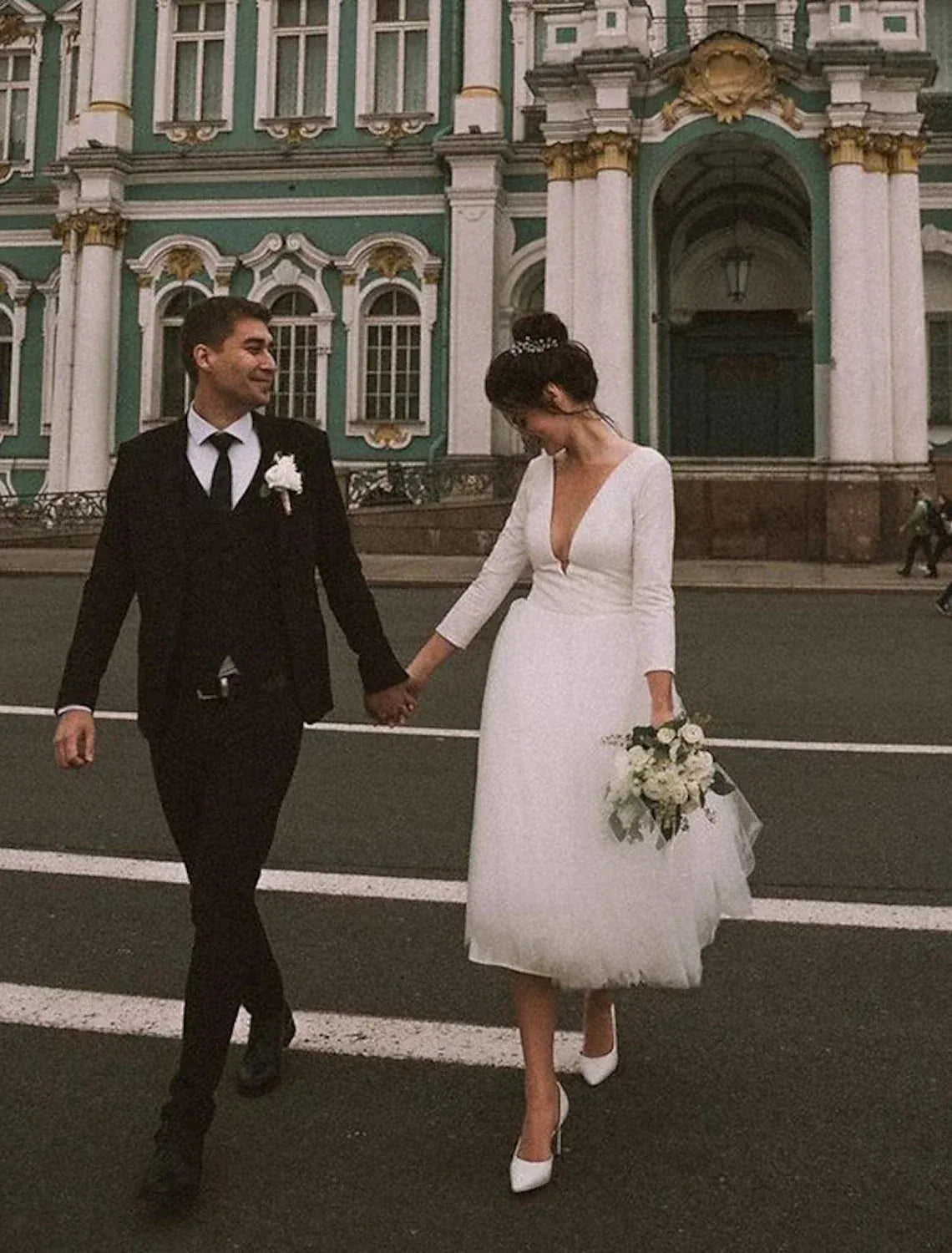 Three‑Quarter‑Sleeve V‑Neck Midi Tulle A‑Line Wedding Dress With Low‑V‑Back Pearl‑Button Detail