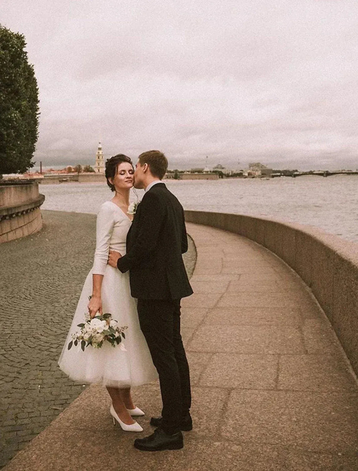 Three‑Quarter‑Sleeve V‑Neck Midi Tulle A‑Line Wedding Dress With Low‑V‑Back Pearl‑Button Detail