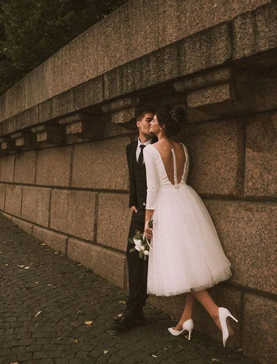 Three‑Quarter‑Sleeve V‑Neck Midi Tulle A‑Line Wedding Dress With Low‑V‑Back Pearl‑Button Detail