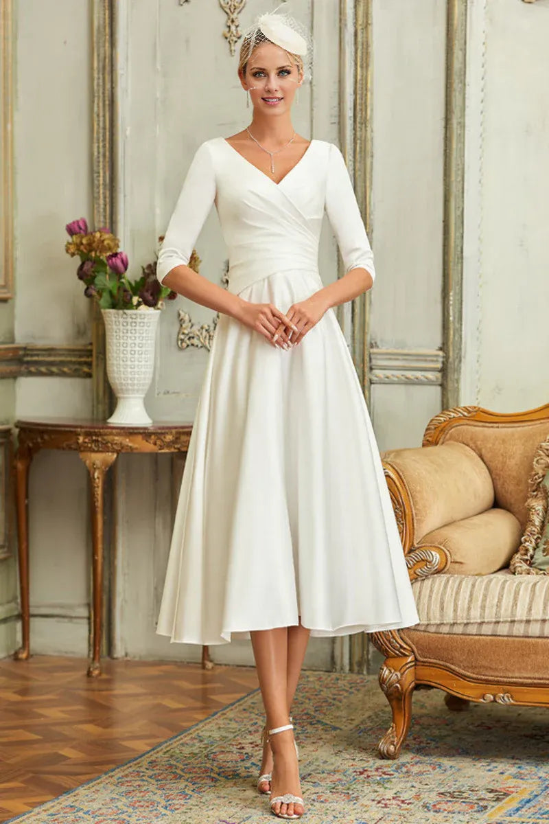Three‑Quarter‑Sleeve Wrap‑V‑Neck Satin Tea‑Length A‑Line Wedding Dress