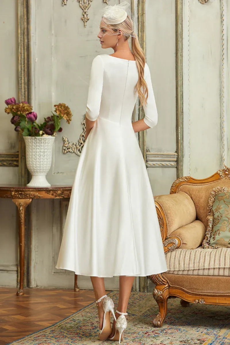 Three‑Quarter‑Sleeve Wrap‑V‑Neck Satin Tea‑Length A‑Line Wedding Dress