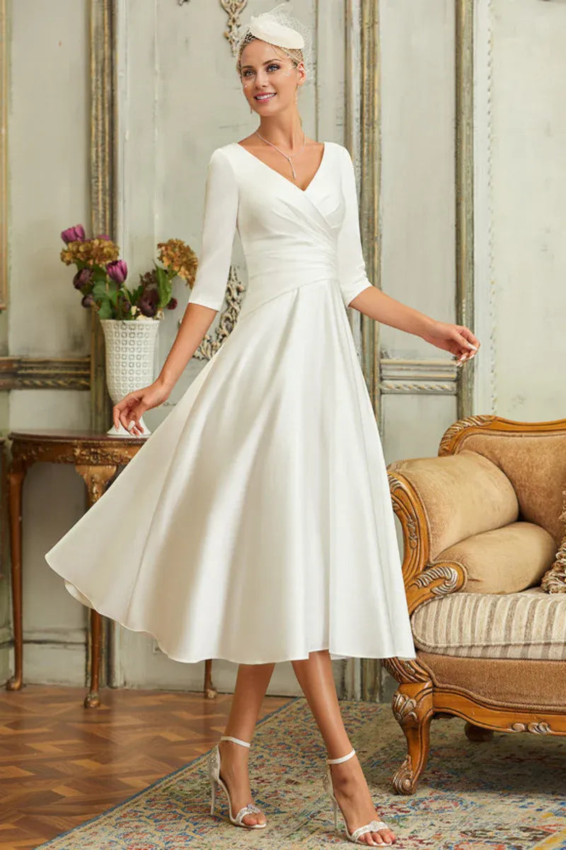 Three‑Quarter‑Sleeve Wrap‑V‑Neck Satin Tea‑Length A‑Line Wedding Dress