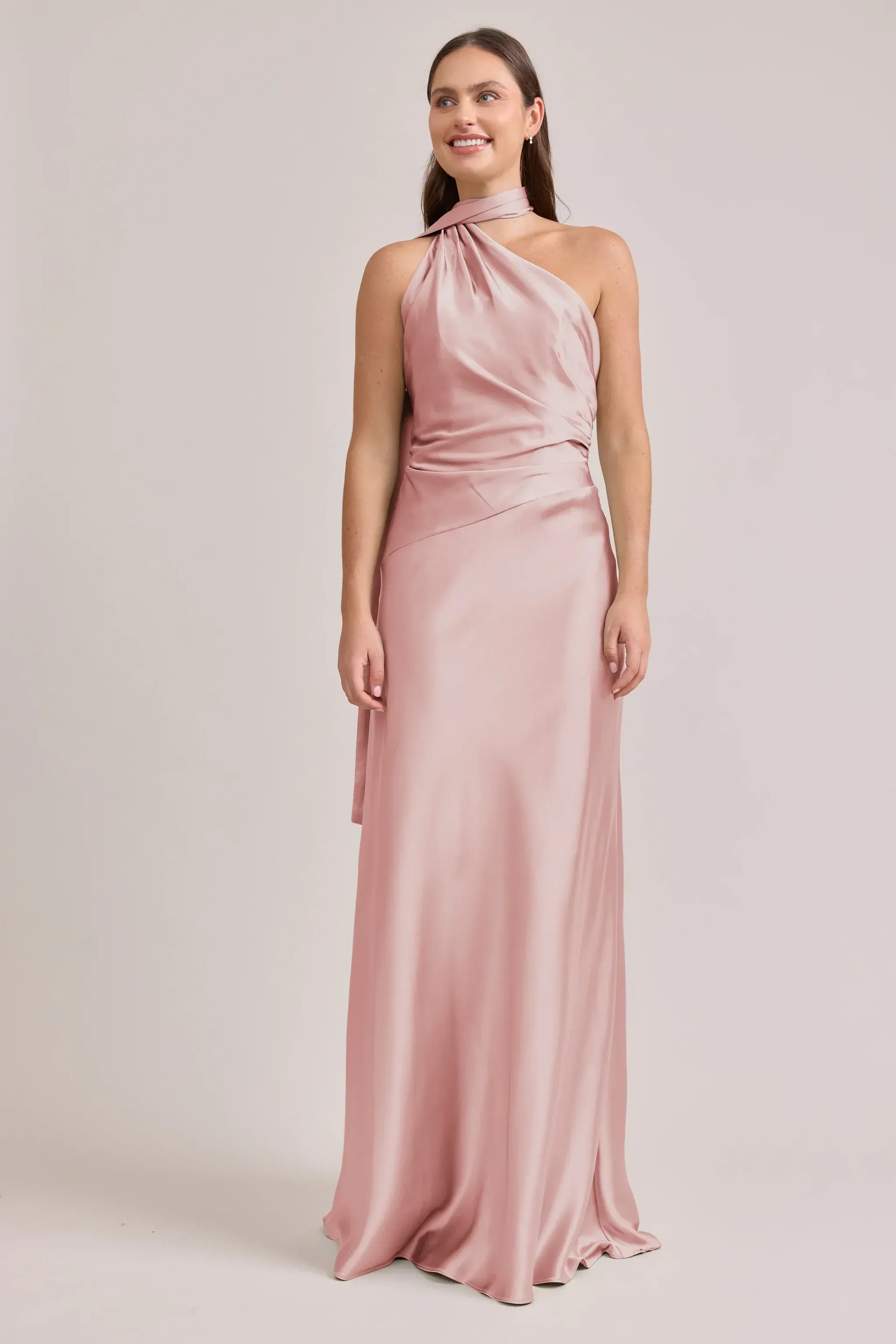 Tie Halter Cowl Back Wrap Waist Column Satin Long Bridesmaid Dress