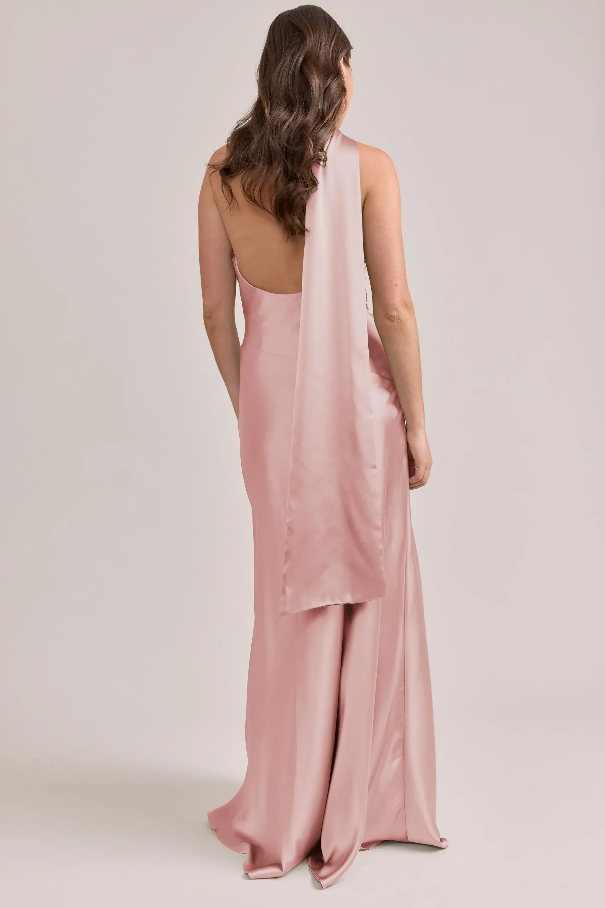 Tie Halter Cowl Back Wrap Waist Column Satin Long Bridesmaid Dress