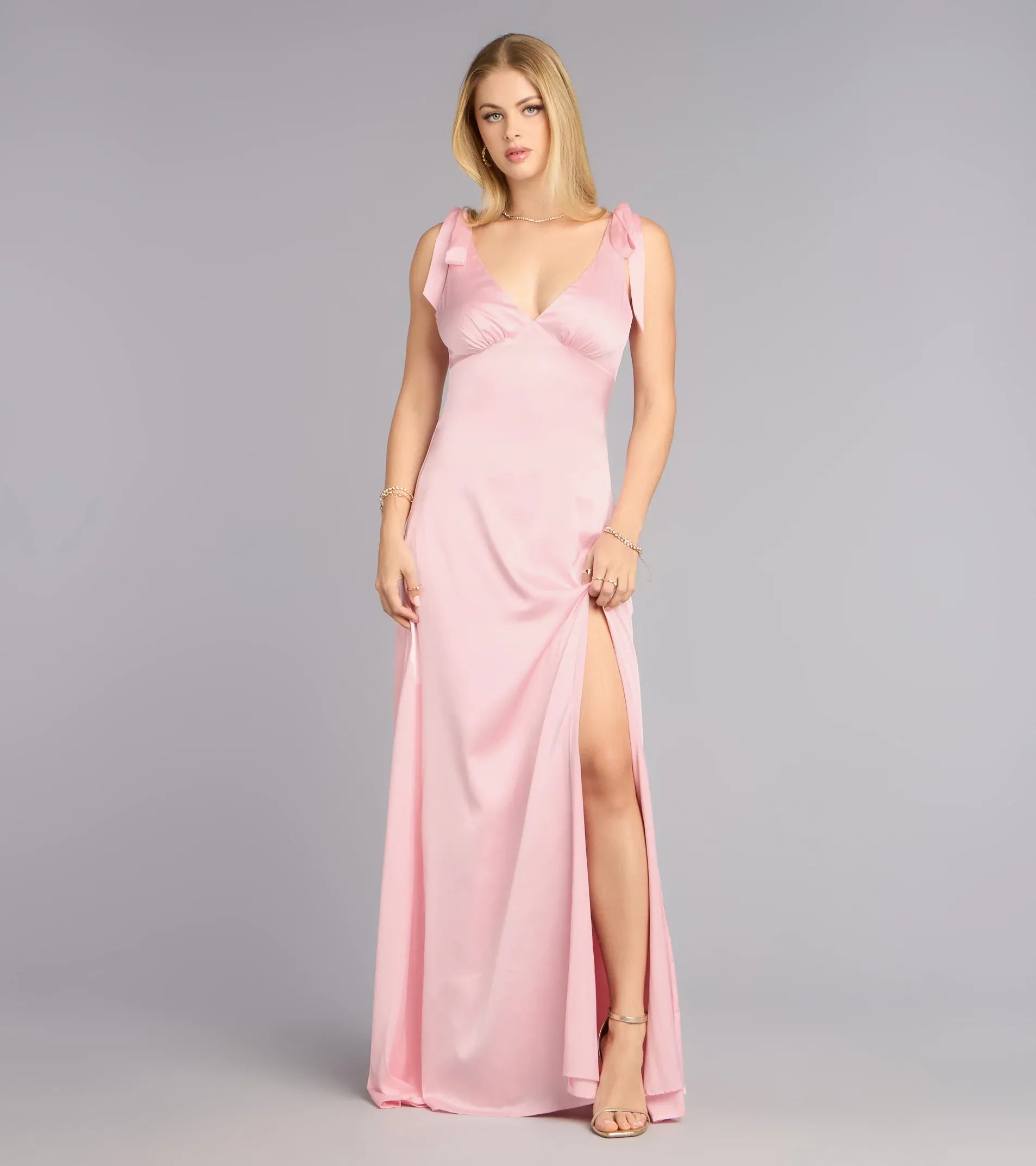 Tie Shoulder Bow Spaghetti V Neck High Slit Satin Mermaid Maxi Wedding Guest Dress