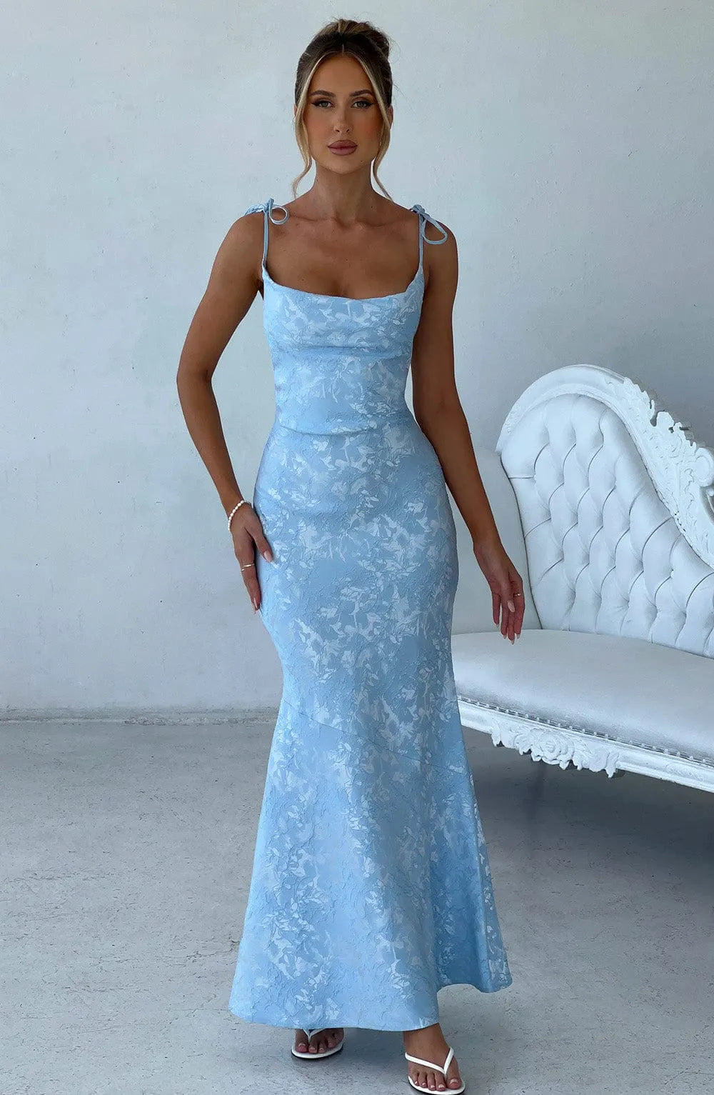 Tie Spaghetti Strap Square Neck Floral Jacquard Mermaid Maxi Light Blue Wedding Guest Dresses