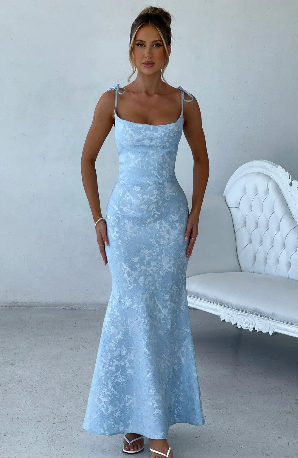 Tie Spaghetti Strap Square Neck Floral Jacquard Mermaid Maxi Light Blue Wedding Guest Dresses