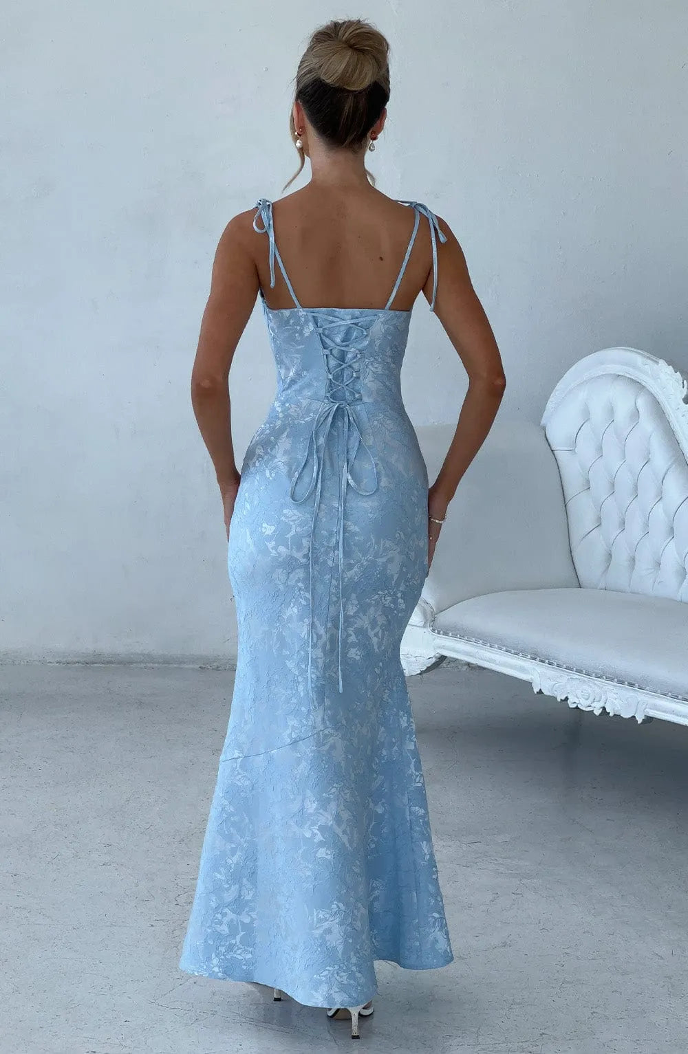 Tie Spaghetti Strap Square Neck Floral Jacquard Mermaid Maxi Light Blue Wedding Guest Dresses