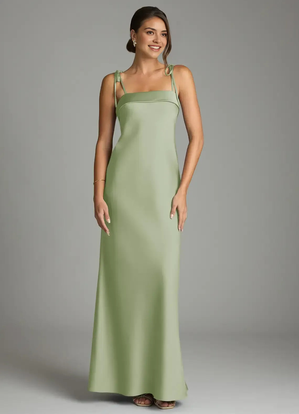 Tie Spaghetti Strap Straight Neck Midi Floor Satin Bridesmaid Dress