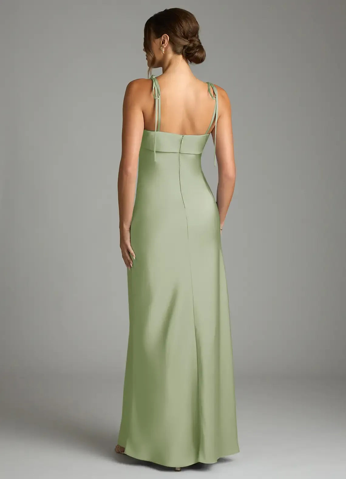 Tie Spaghetti Strap Straight Neck Midi Floor Satin Bridesmaid Dress