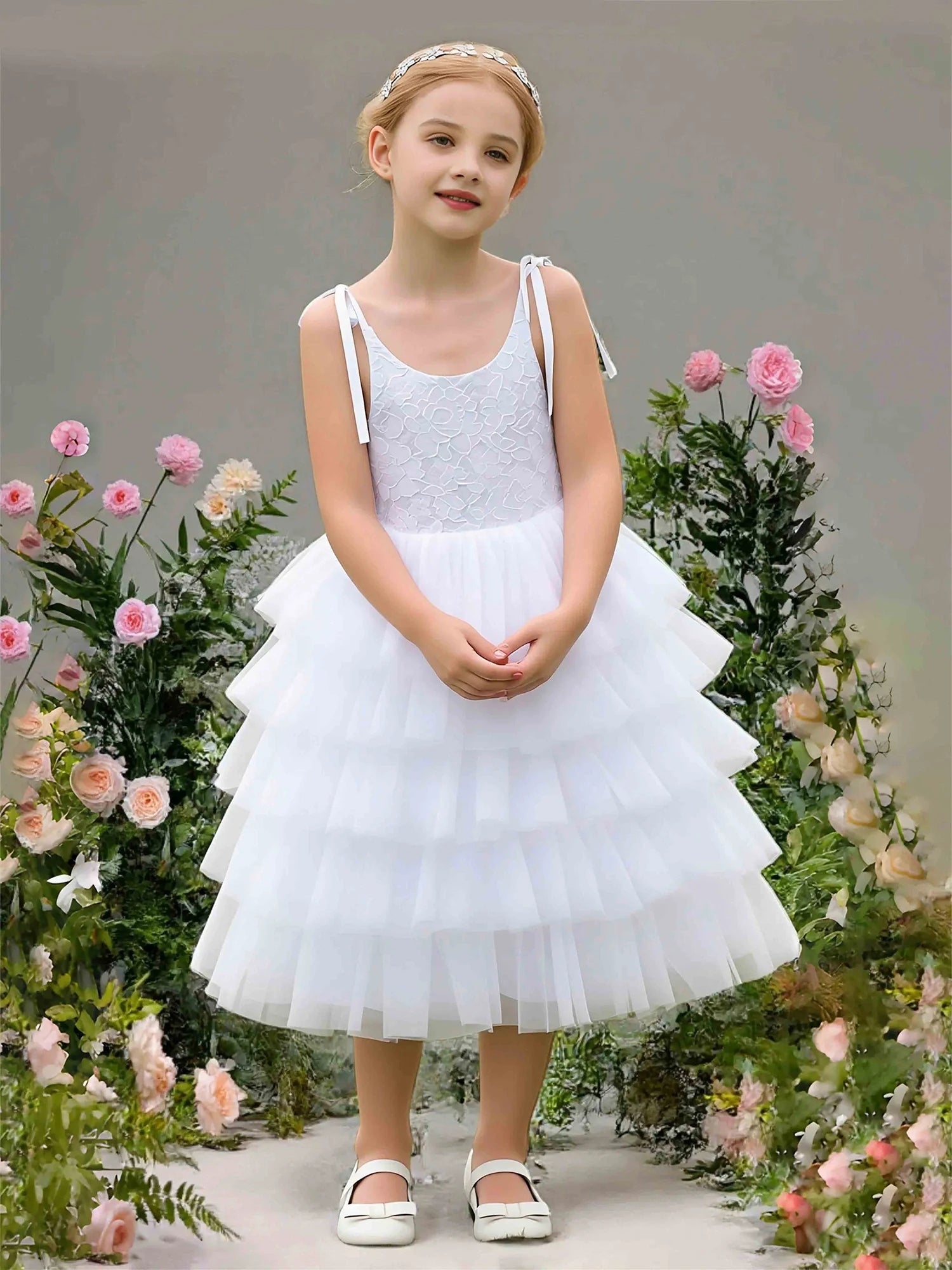 Tie Spaghetti Strap U Back Embossed Lace Multi Layer Tiered White Tulle Midi Flower Girl Dresses