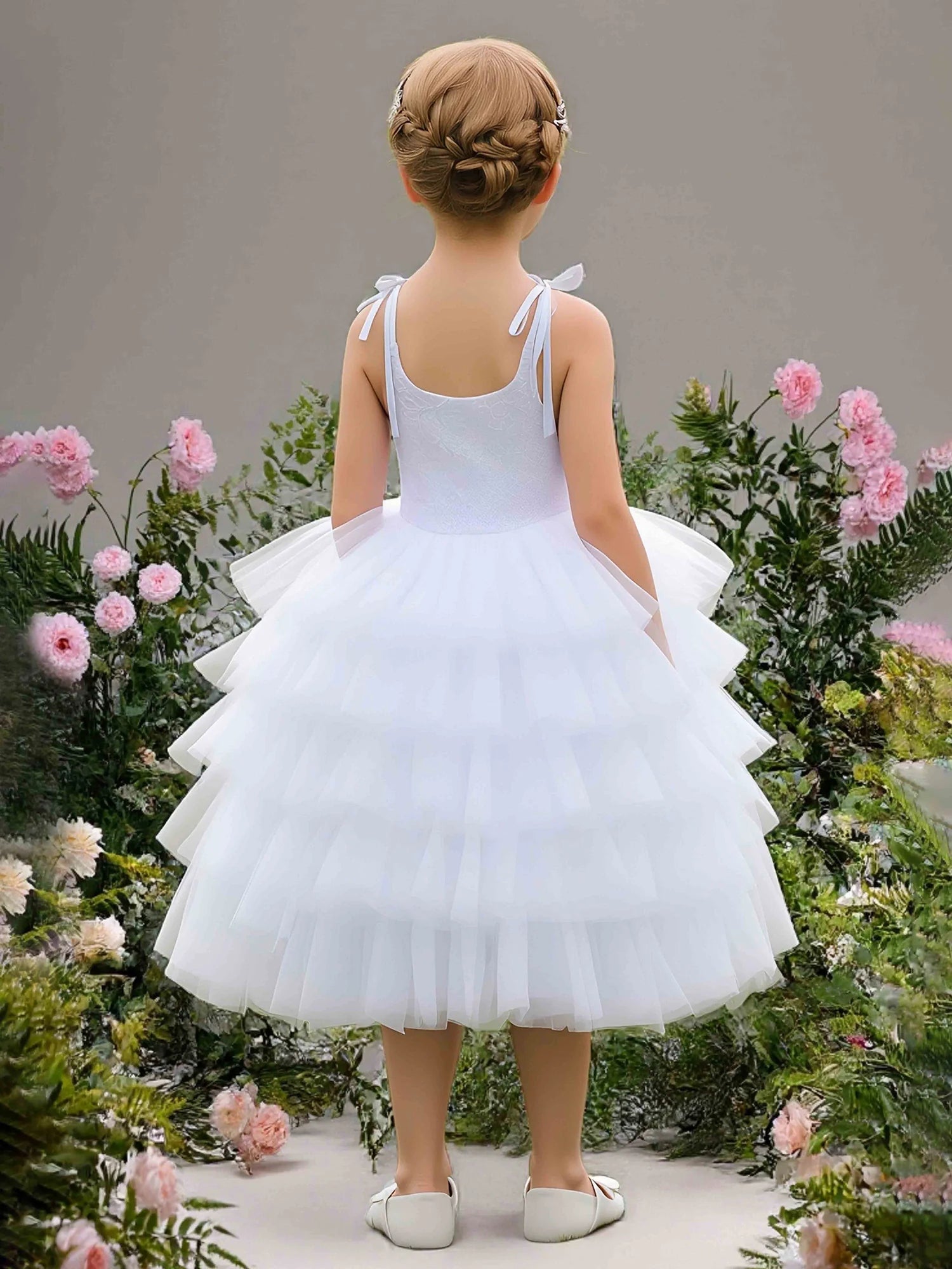 Tie Spaghetti Strap U Back Embossed Lace Multi Layer Tiered White Tulle Midi Flower Girl Dresses