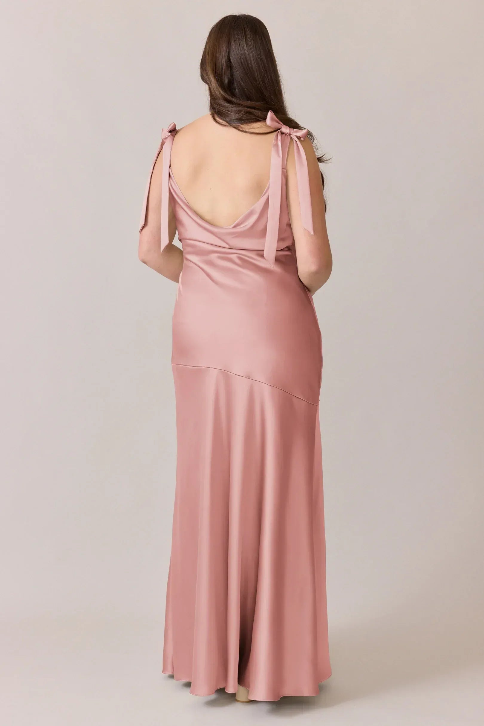 Tie Strap Cowl Back Asymmetrical Slit Mermaid Satin Long Bridesmaid Dress