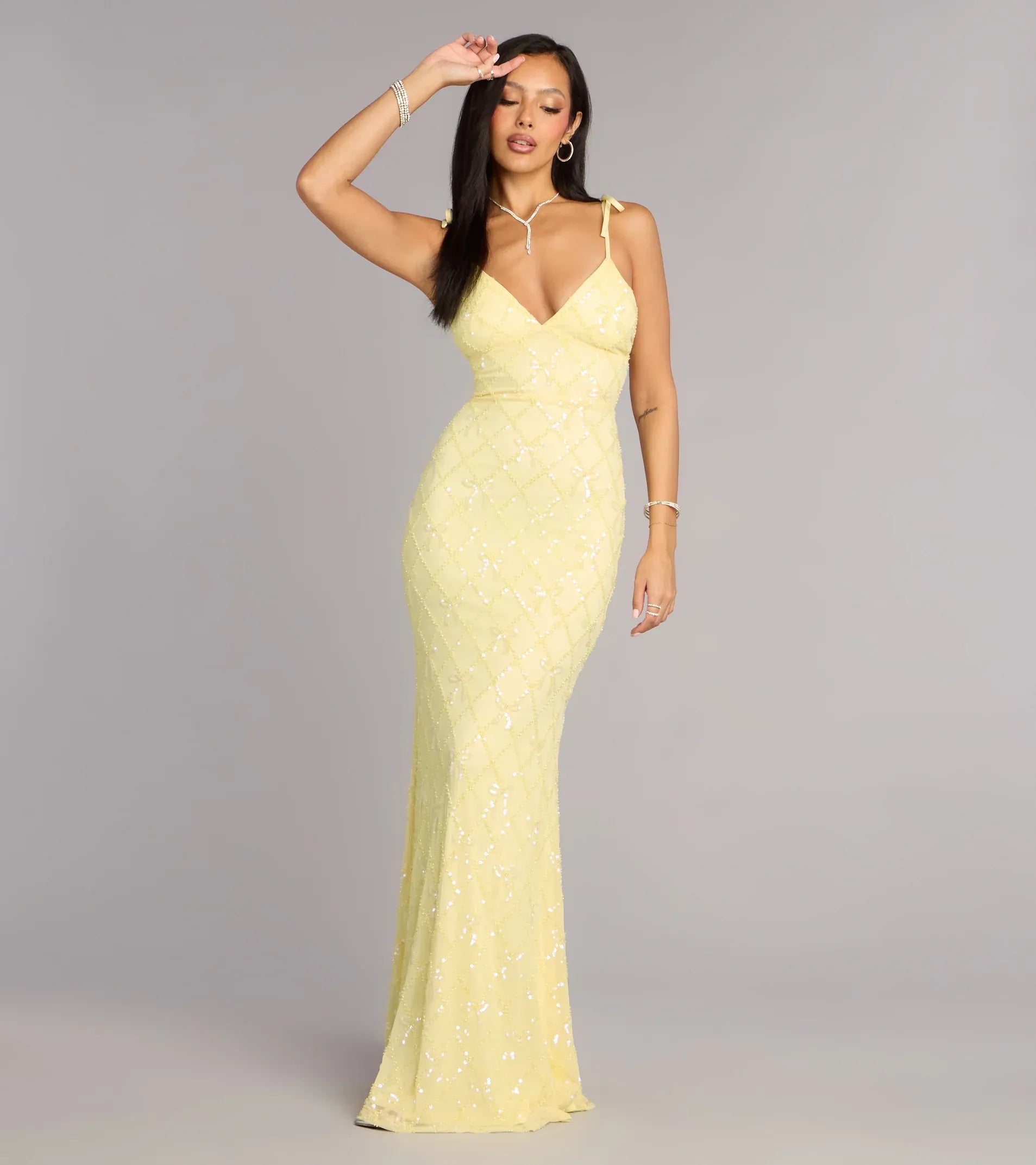 Tie-Strap Deep V Lace-Up Back Diamond Sequin Mermaid Maxi Wedding Guest Dress