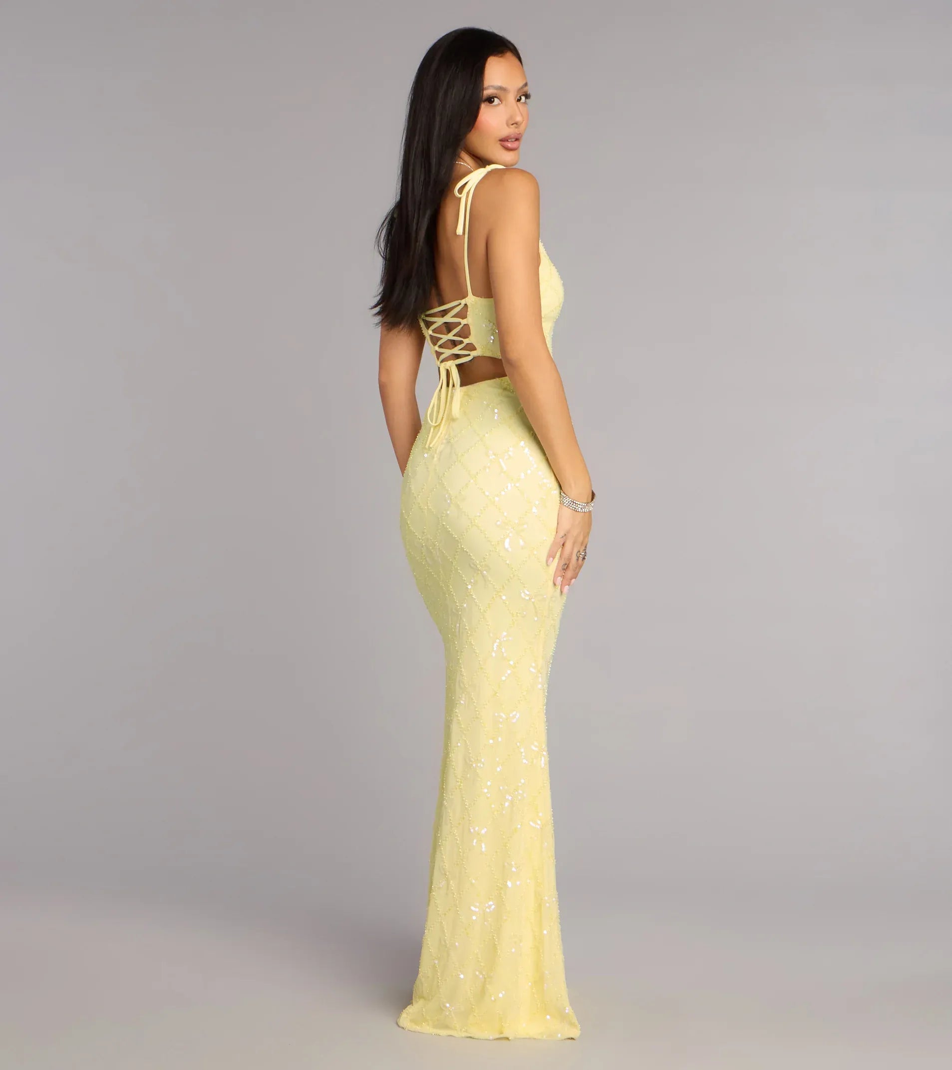 Tie-Strap Deep V Lace-Up Back Diamond Sequin Mermaid Maxi Wedding Guest Dress