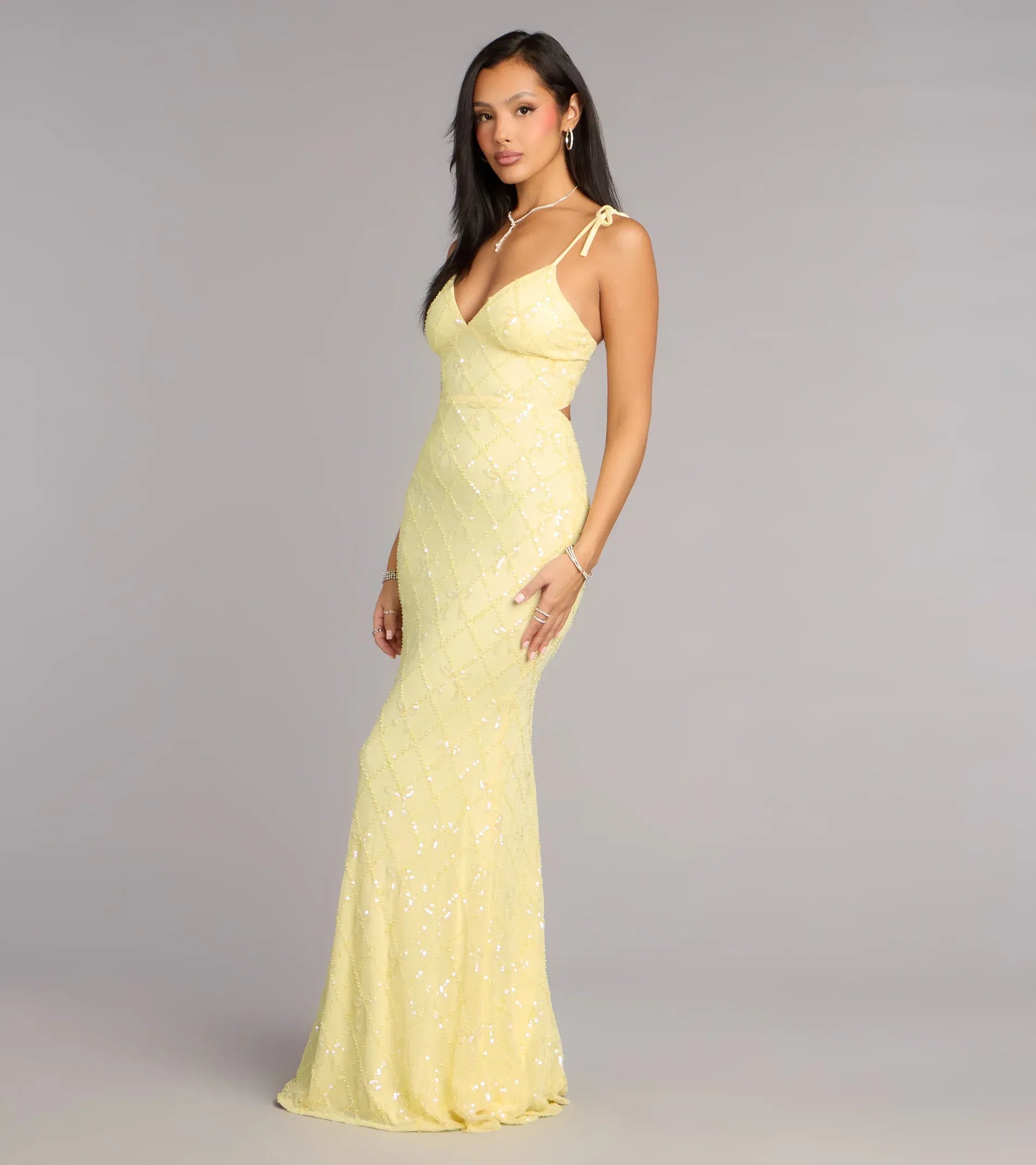 Tie-Strap Deep V Lace-Up Back Diamond Sequin Mermaid Maxi Wedding Guest Dress