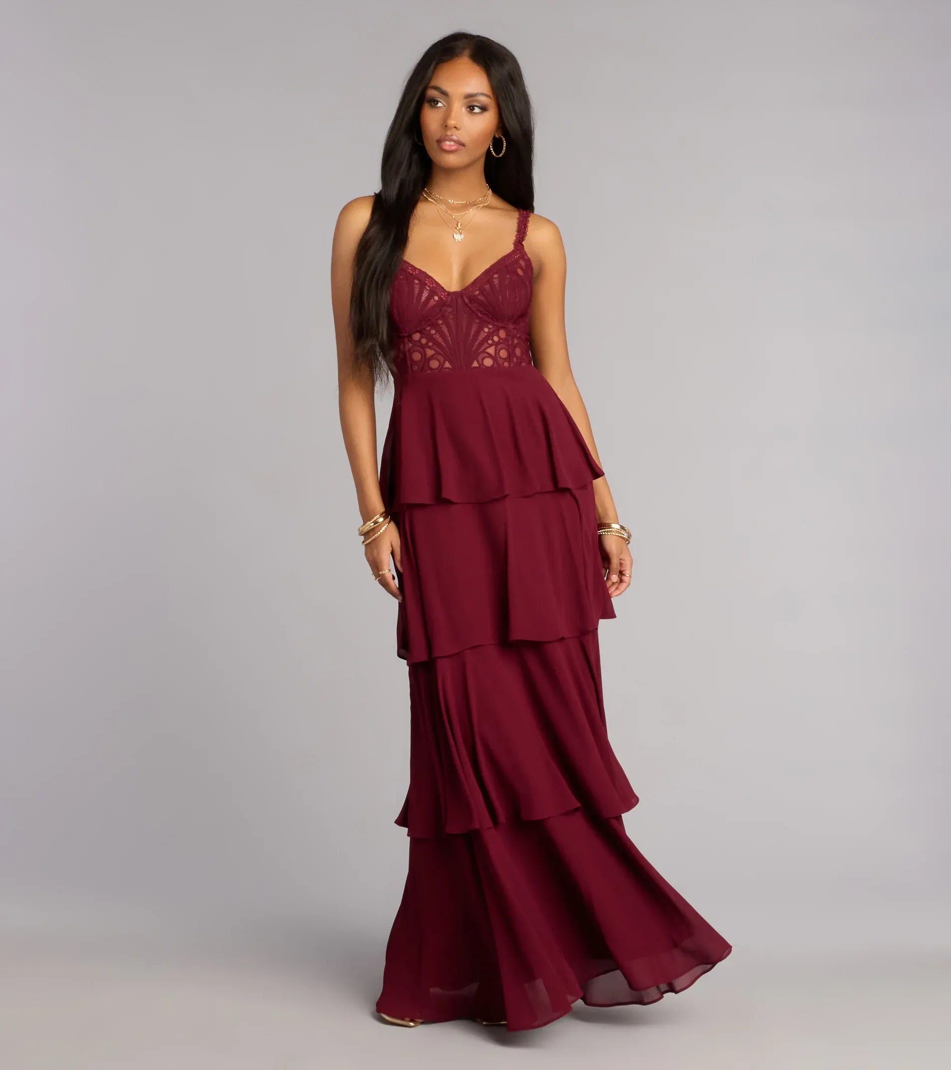 Tiered A-Line Spaghetti Lace-Bodice Corset-Back Chiffon Maxi Wedding Guest Dress