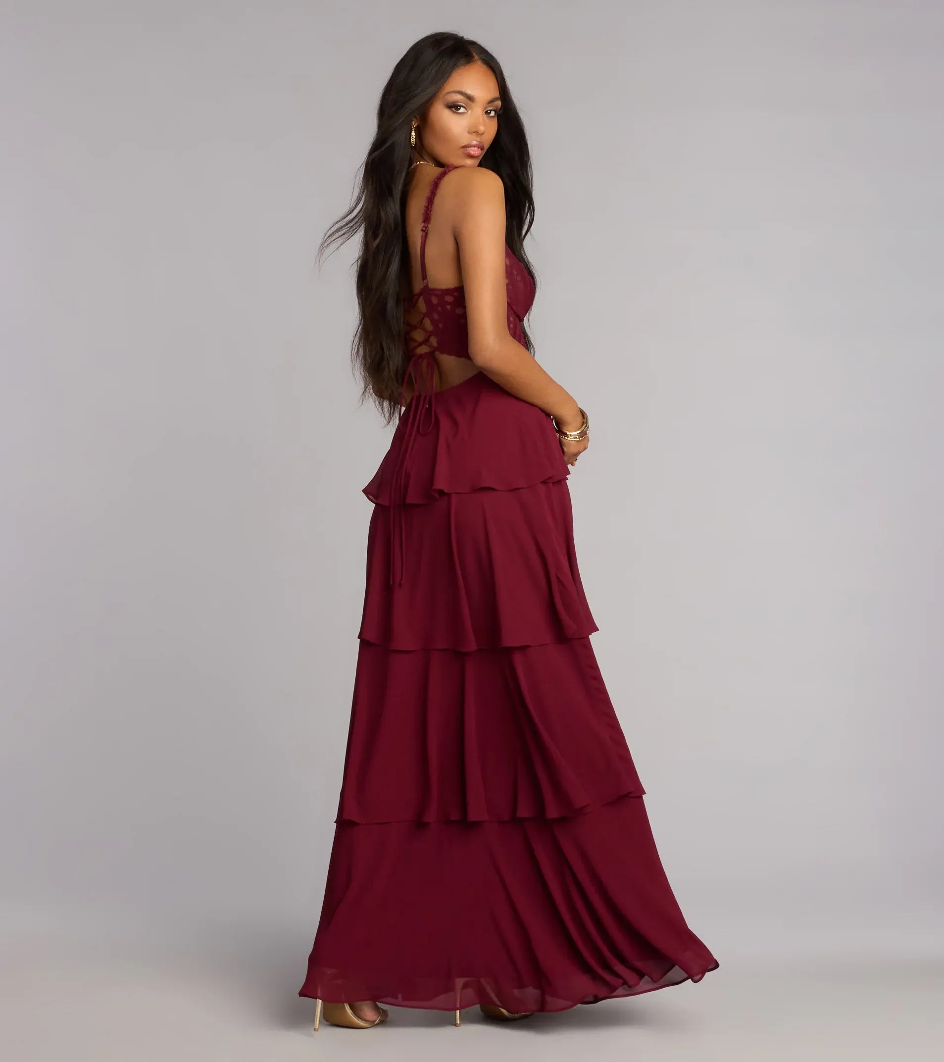 Tiered A-Line Spaghetti Lace-Bodice Corset-Back Chiffon Maxi Wedding Guest Dress
